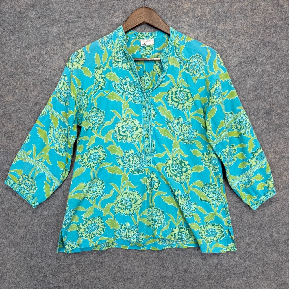 Anokhi Floral Button Top Womens Medium Bohemian Vibrant Turqouise Tunic Blouse